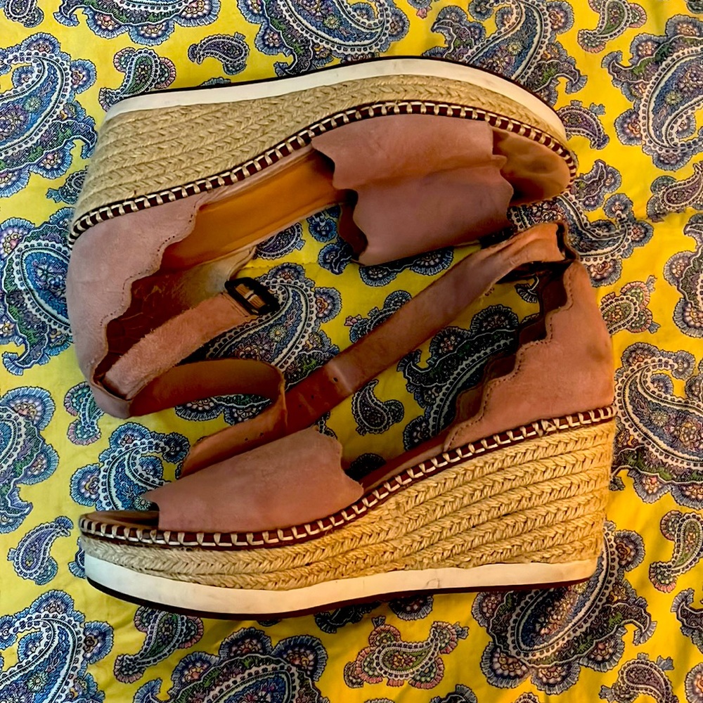 Crown Vintage Pink Suede “Daffodil” Espadrille Wedges size 9